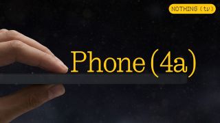 A hand holds a very thin, dark smartphone edge-on against a starry background, featuring the yellow text "Phone (4a)" and the "NOTHING (tv)" logo.