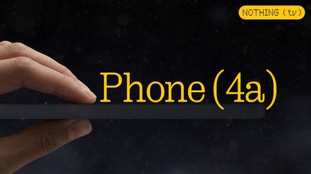 A hand holds a very thin, dark smartphone edge-on against a starry background, featuring the yellow text "Phone (4a)" and the "NOTHING (tv)" logo.