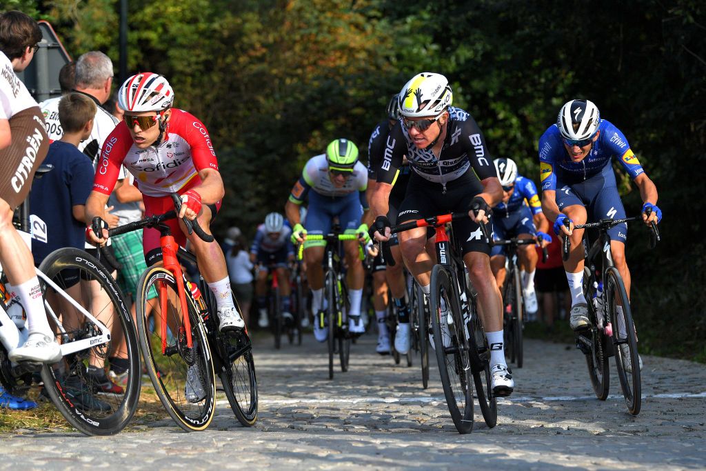 BOORTMEERBEEK BELGIUM SEPTEMBER 18 LR Szymon Sajnok of Poland and Team Cofidis and Simon Clarke of Australia and Qhubeka Nexthash and Team compete during the 11th Primus Classic 2021 a 1977km race from Brakel to Boortmeerbeek Wespelaar Haacht primusclassic PrimusClassic on September 18 2021 in Boortmeerbeek Belgium Photo by Luc ClaessenGetty Images