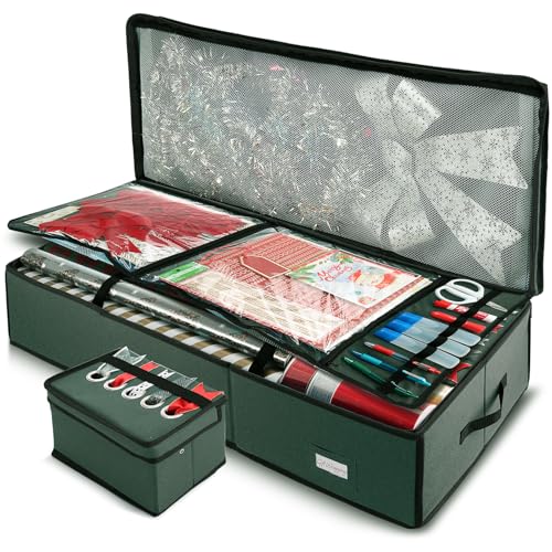 Hearth &amp;amp; Harbor Wrapping Paper Storage Container With Ribbon Storage Organizer - Christmas Storage Bag With Extra Interior Pockets - Gift Wrapping Organizer Storage Fits Up to 26 Rolls of 40&quot; Length