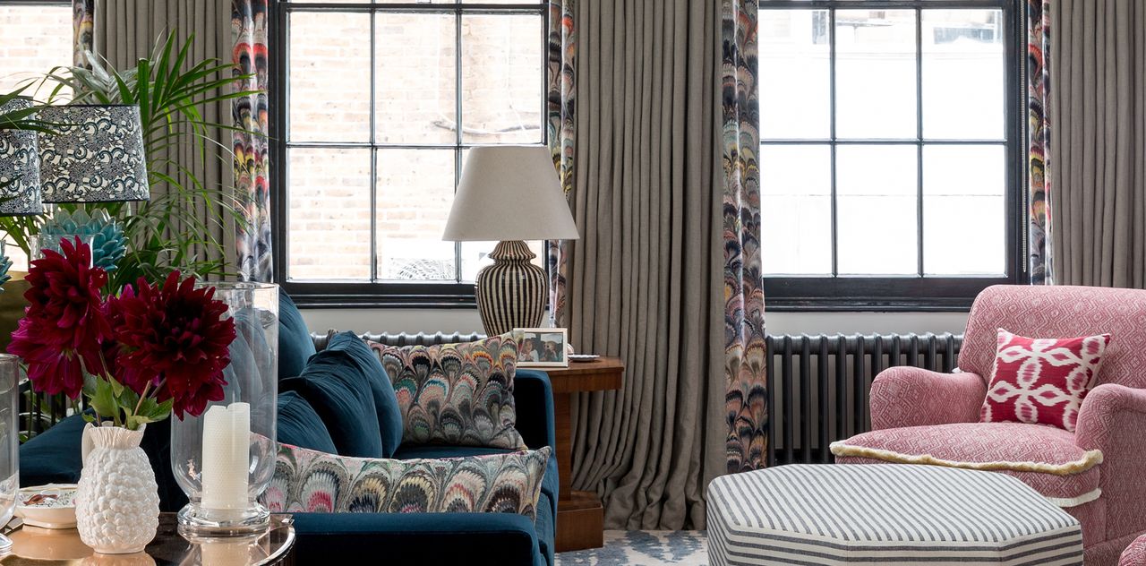 Blue and pink living room with long drapes