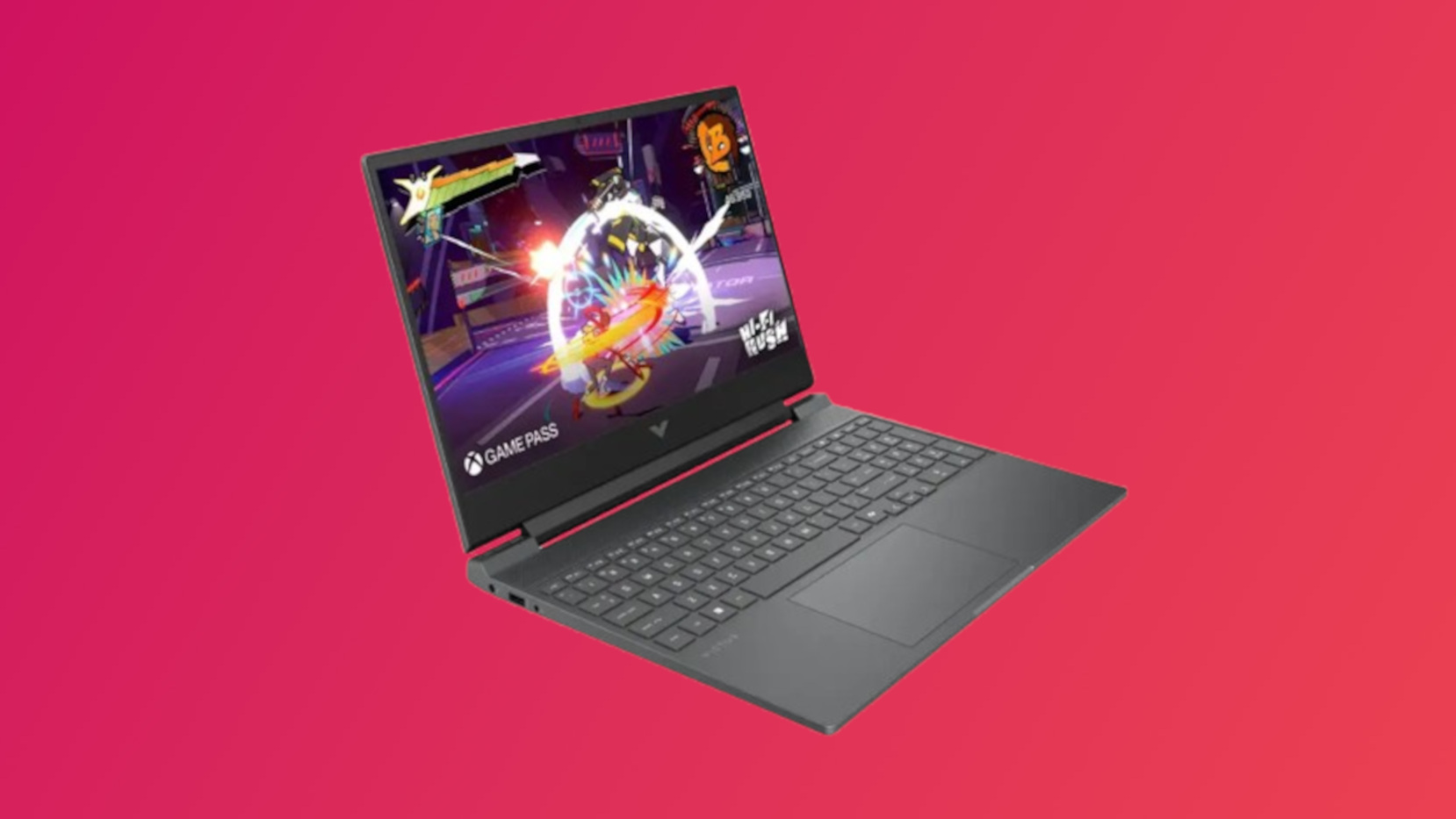 HP Victus gaming laptop on a gradient background. 