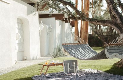 An outdoor striped hammock