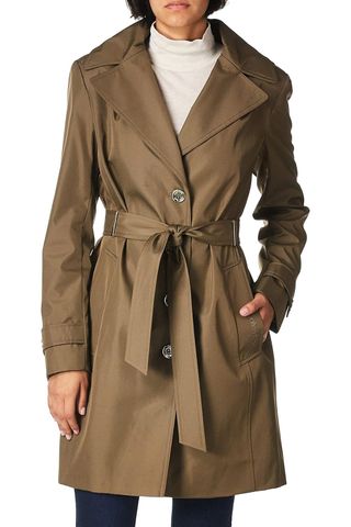 Calvin Klein Women's Single Breasted Belted Rain Jacket With Removable Hood, Truffle, Xx-Small