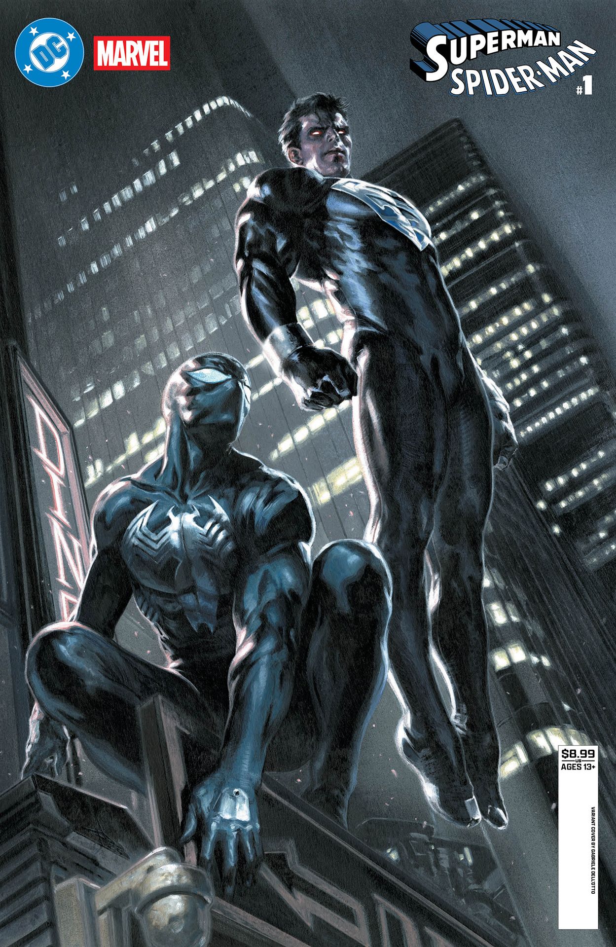 Symbiote Spider-Man posing with Superman in his black recovery suit by Gabrielle Dell'Otto