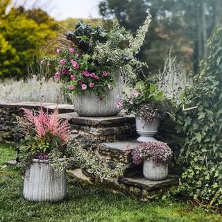 Four tiered outdoor plant pots on stone stairs filled with late summer greenery and flowers