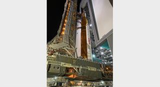 NASA's Artemis 1 moon mission stack rolls out from the Vehicle Assembly Building (VAB) at Kennedy Space Center (KSC) in Florida on June 6, 2022. Artemis 1 is headed for KSC's Pad 39B for a series of prelaunch tests known as a wet dress rehearsal. Artemis 1 first attempted the wet dress on April 1 but ran into some technical troubles and rolled back to the VAB for repair work.