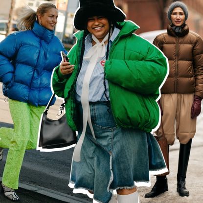 a collage of woman at fashion week wearing puffer jacket outfits