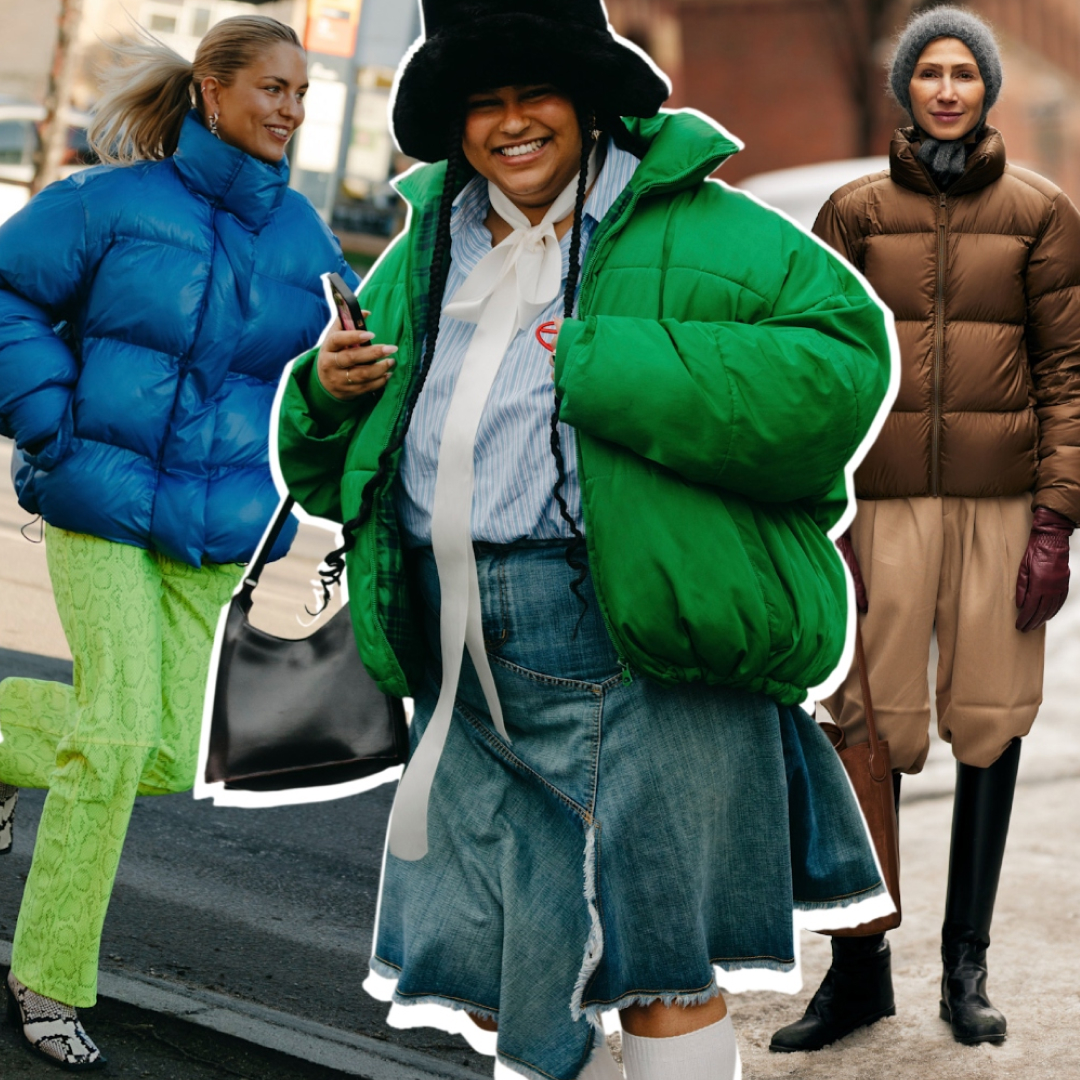 a collage of woman at fashion week wearing puffer jacket outfits