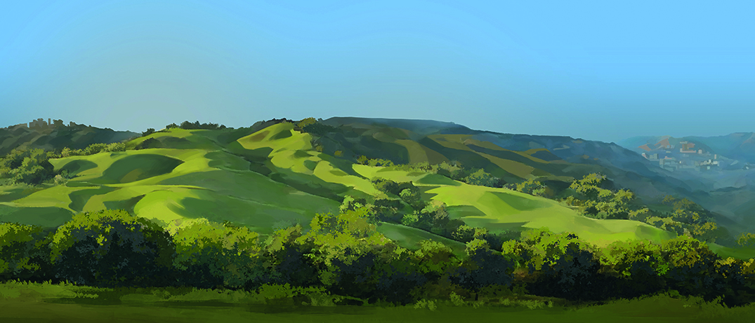 Concept art showing a landscape scene with green hills and trees