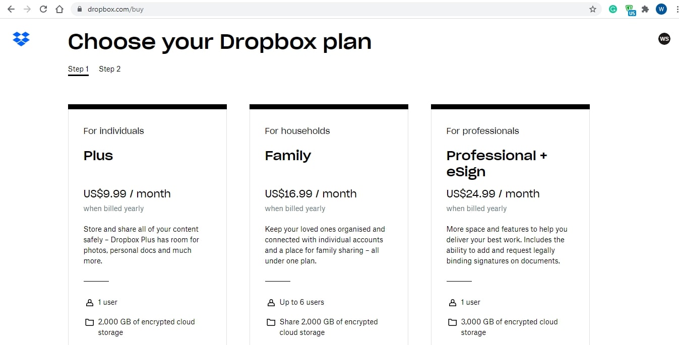 Dropbox's pricing plans