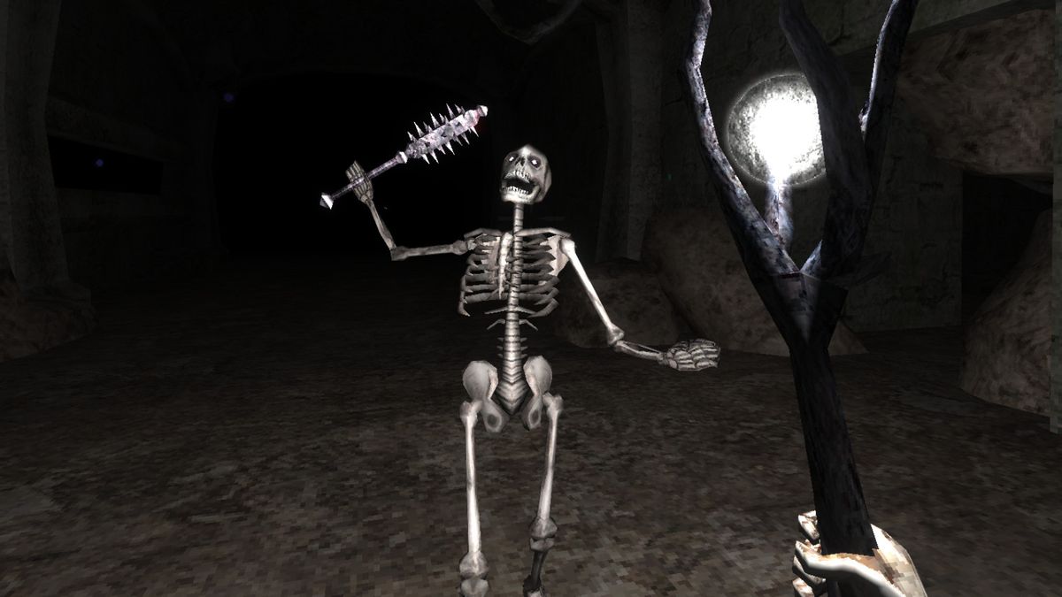 A sword-wielding skeleton emerges from a darkened corridor to face the staff-wielding player in Lunacid.