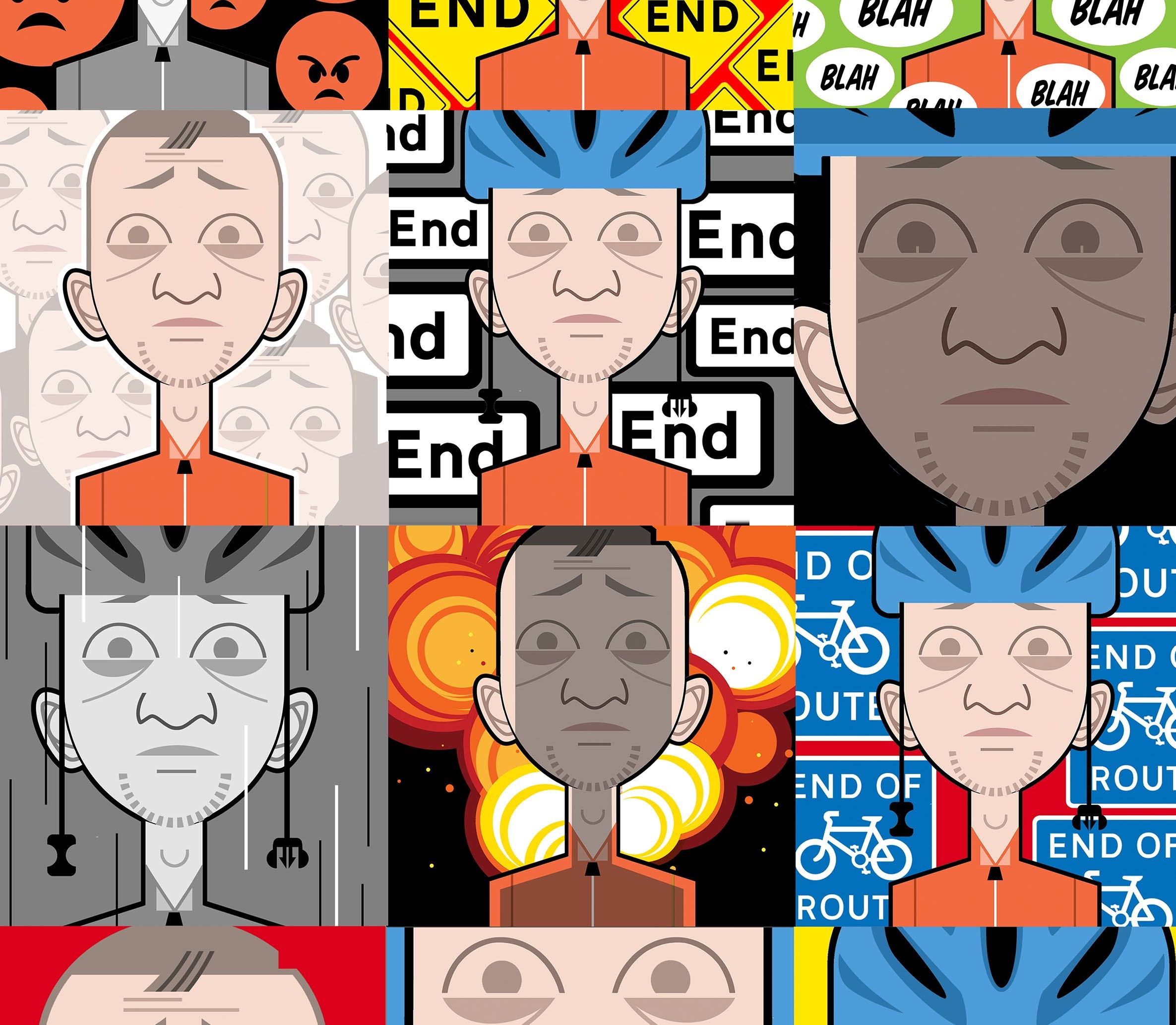 Illustration of a grid of burnt-out faces, all looking weary and upset