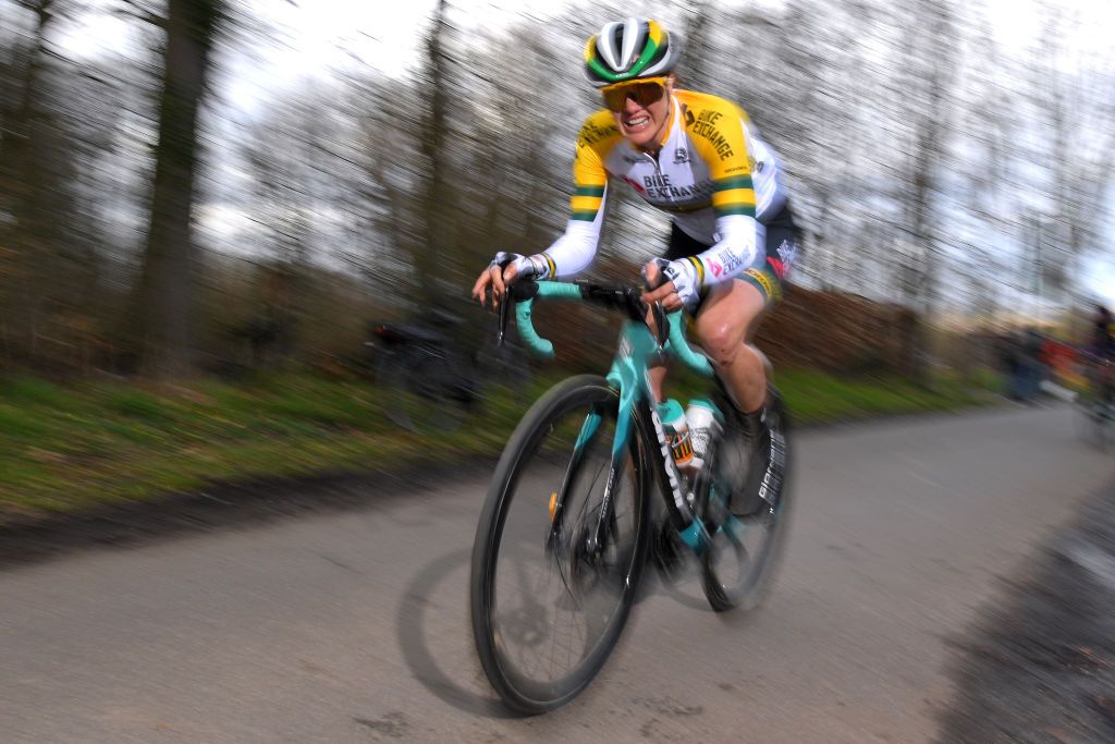 OETINGEN BELGIUM MARCH 14 Sarah Roy of Australia and Team BikeExchangeduring the 1st GP Oetingen Womens Elite a 120km race from Oetingen to Oetingen gpoetingen on March 14 2021 in Oetingen Belgium Photo by Luc ClaessenGetty Images