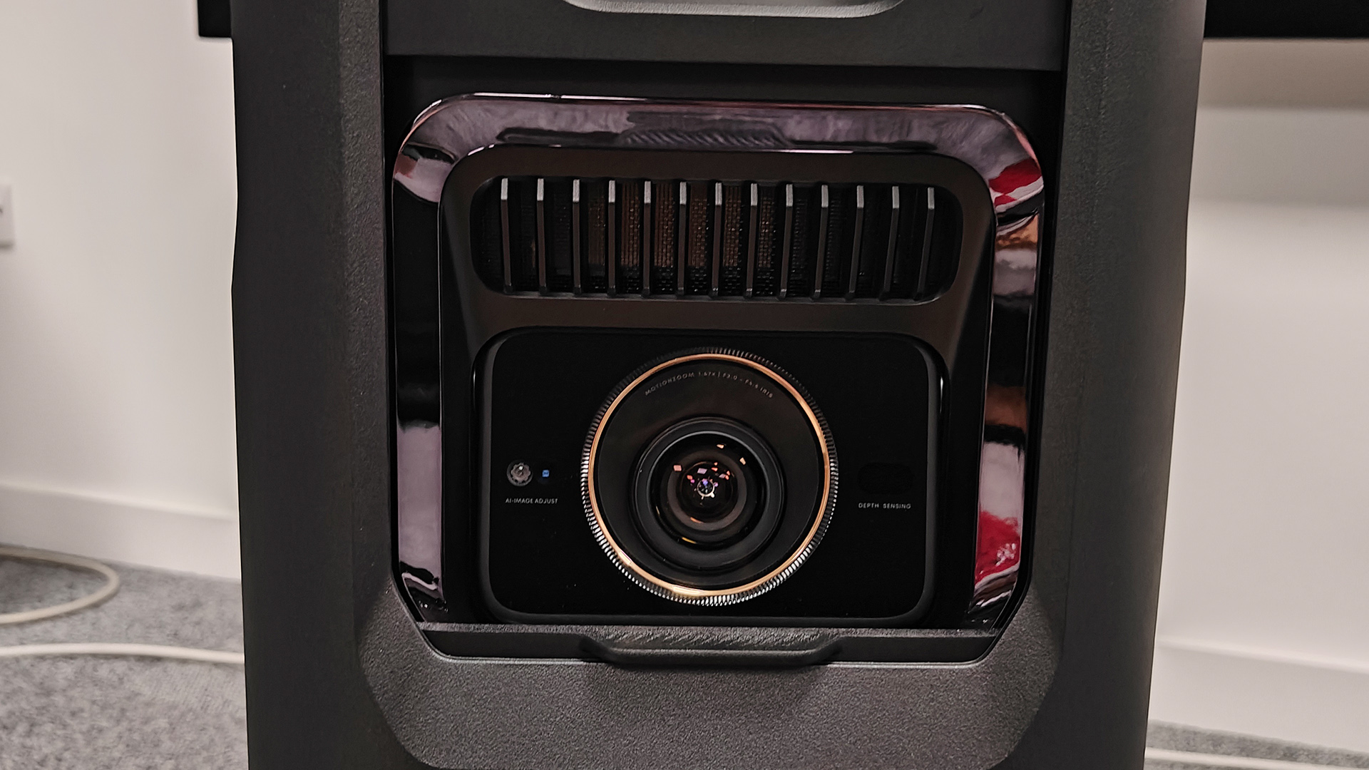 Soundcore Nebula X1 Pro home cinema projector detail of lens aperture