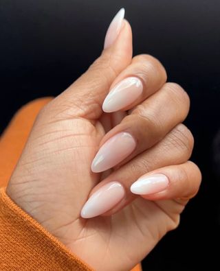 Long almond nails with pink and white ombre