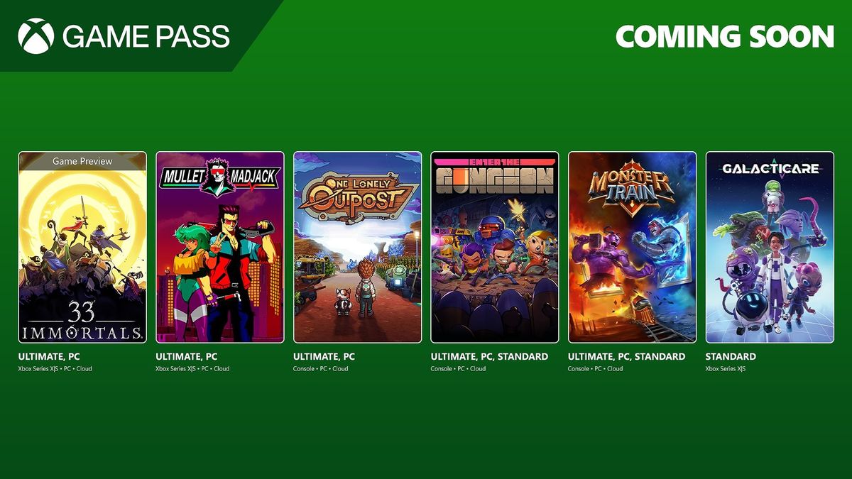 Art for 33 Immortals, Mullet Madjack, One Lonely Outpost, Enter the Gungeon, Monster Train, and Galacticare on an Xbox Game Pass banner