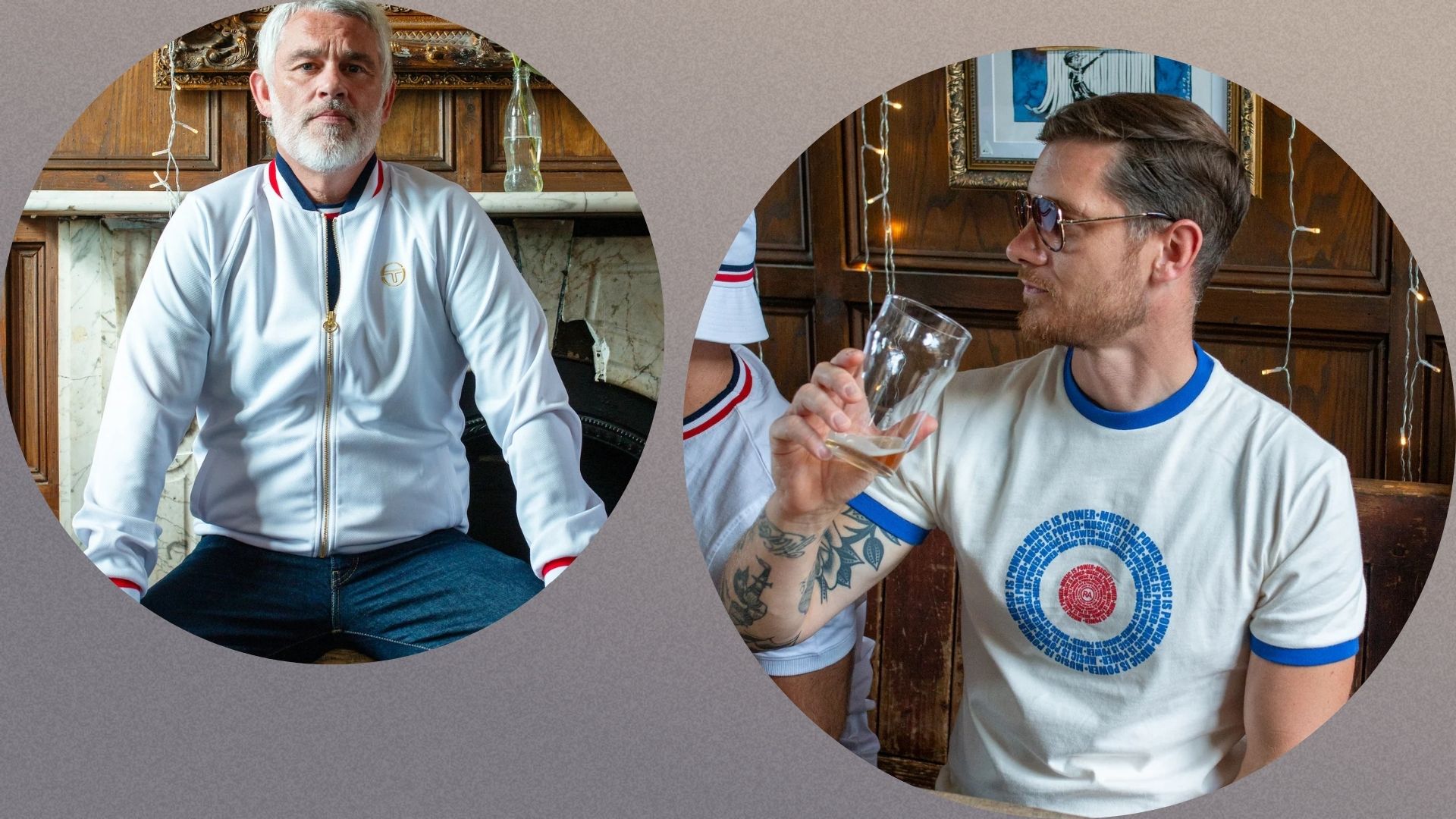Two images of the new Richard Ashcroft X The Modfather X Sergio Tacchini collection - on the left is the bomber jacket in white and on the right is a blue t-shirt with a mod pattern on the front 