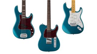 G&L Tribute Emerald Blue Metallic-finished bass and guitars