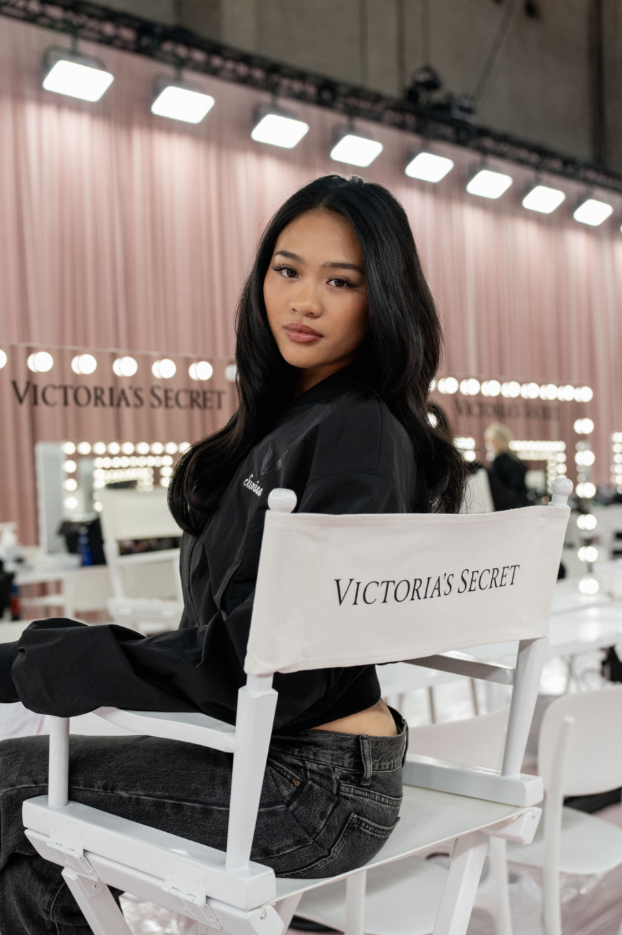 Suni Lee in her getting ready chair for the Victoria&#039;s Secret Fashion Show