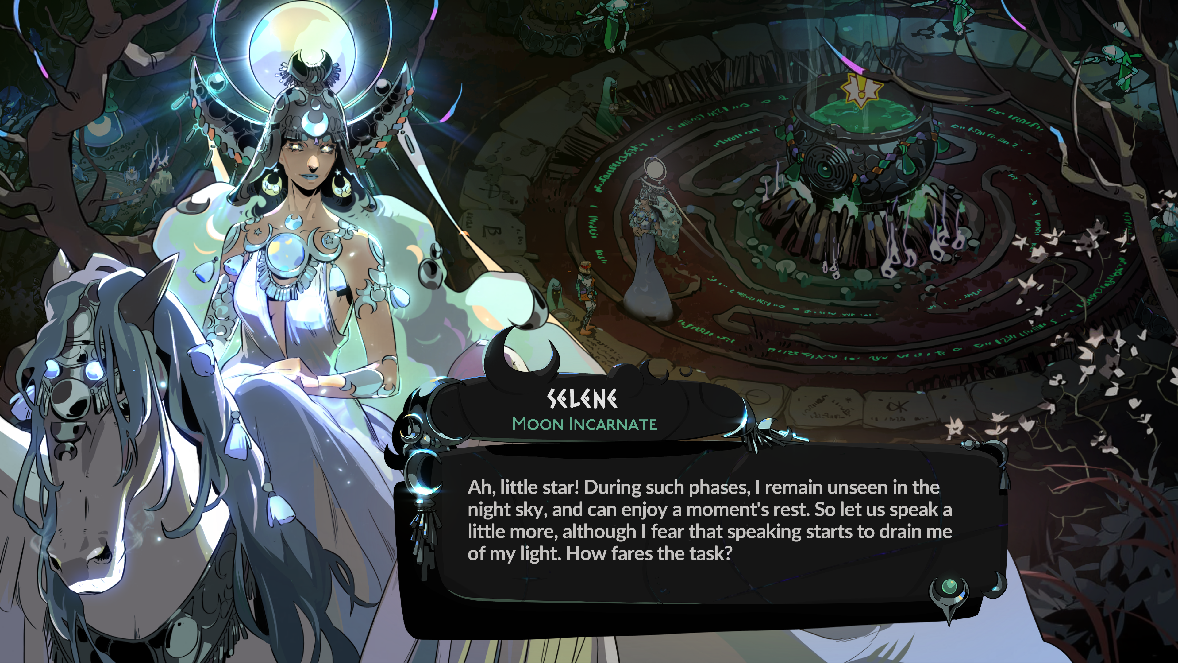 A screenshot of a dialogue scene in Hades 2. The goddess Selene speaks to Melinoe, appearing in her pearl white dress and matching horse. Along with the reflective crescents on her dress, the light of the moon shines down above her head.