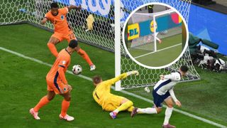 Denzel Dumfries of the Netherlands clears the shot from Phil Foden of England off the line during the UEFA EURO 2024 semi-final match between Netherlands and England at Football Stadium Dortmund on July 10, 2024 in Dortmund, Germany. (Photo by Justin Setterfield/Getty Images)