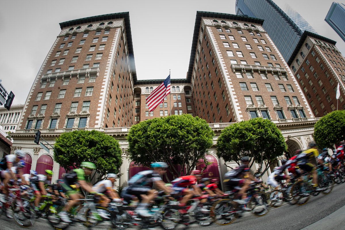 The peloton rides through downtown LA