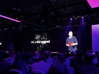 "ML is the magnet" quote displayed on the keynote theatre stage screen at AWS re:Invent 2023