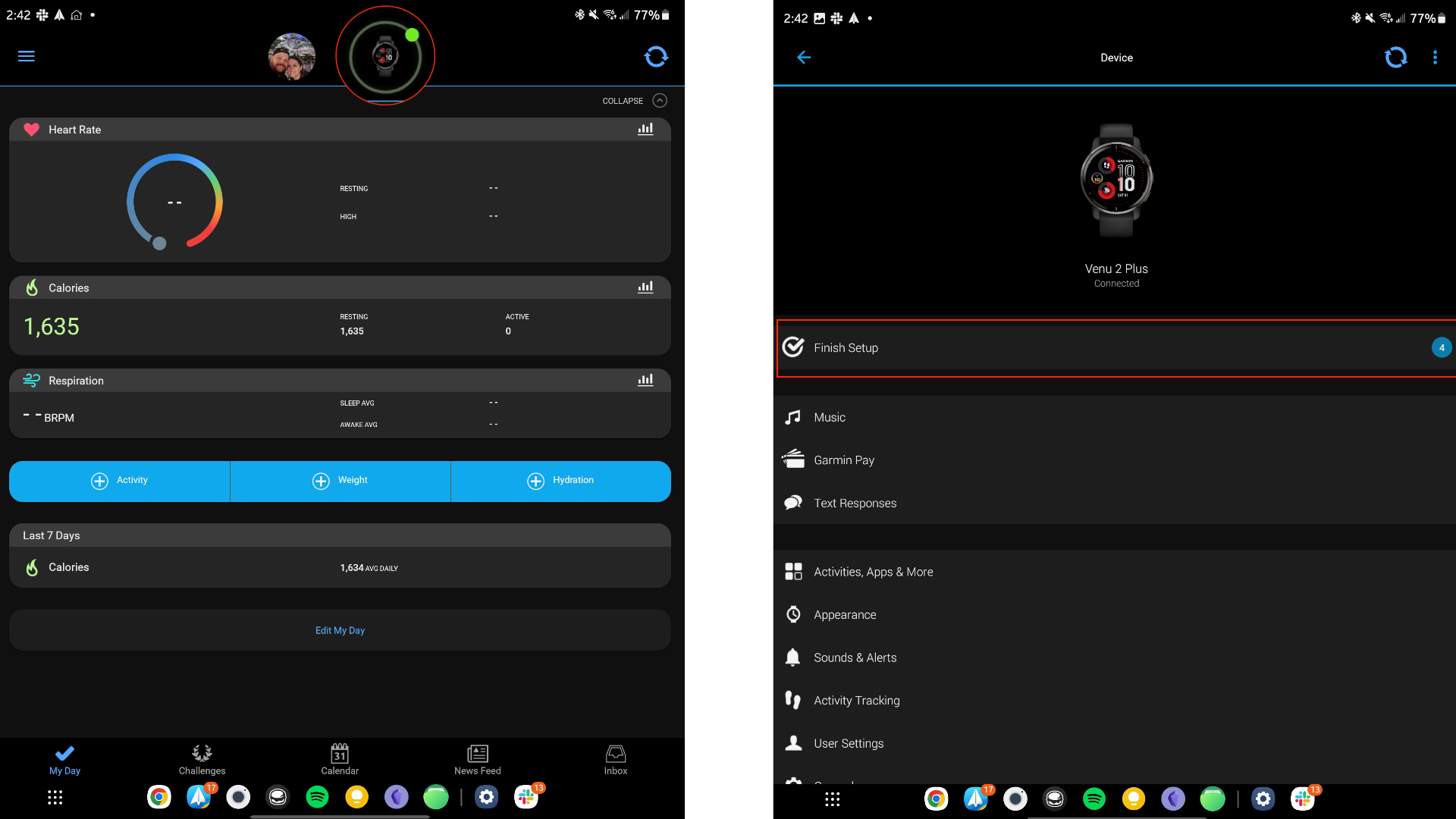 Screenshots showing the step-by-step process for adding the ECG app to the Garmin Venu 2 Plus.