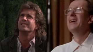 Side by side photos. Mel Gibson in Lethal Weapon and Geoffrey Rush in Shine