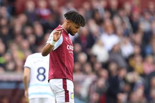 Tyrone Mings of Aston Villa reacts after his mistake allows Mason Mount of Chelsea score a goal to make it 0-1 during the Premier League match between Aston Villa and Chelsea FC at Villa Park on October 15, 2022 in Birmingham, United Kingdom. 