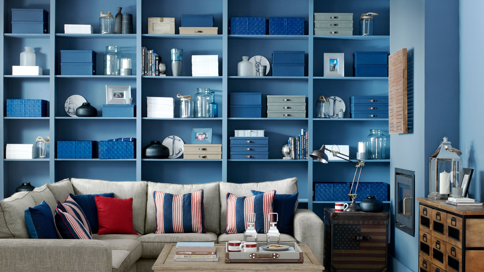Blue living room shelving