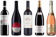 Five bottles of French red and ros&eacute; wines
