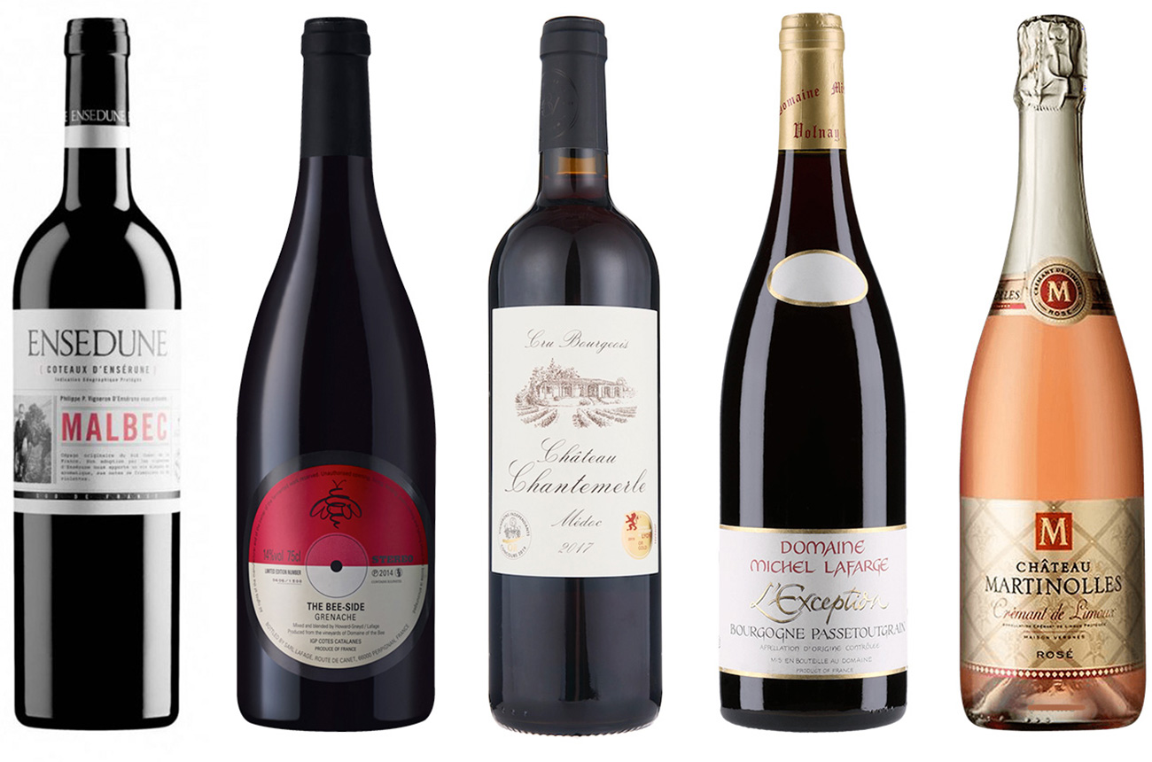 Five bottles of French red and ros&eacute; wines
