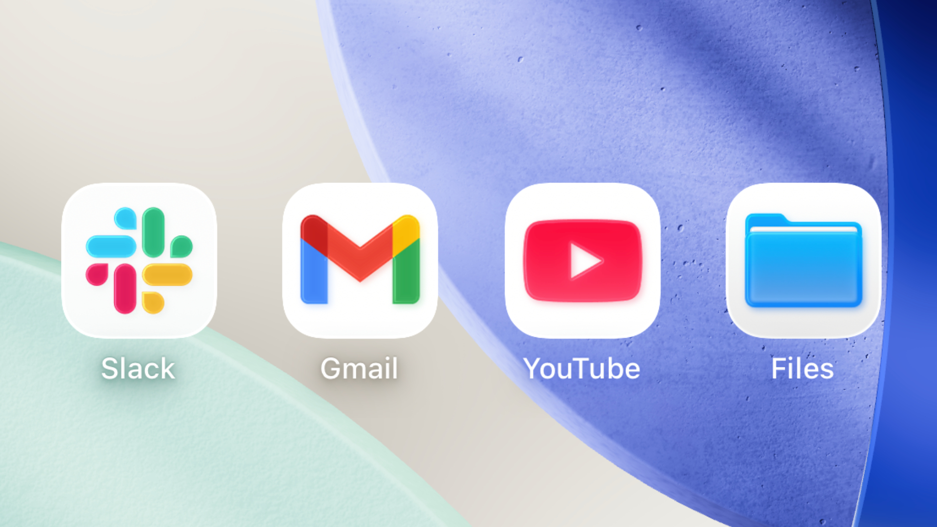 The Slack, Gmail, YouTube, and Files apps in a screenshot of iOS 26