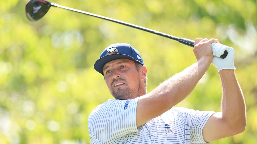 Bryson DeChambeau of The United States and The Crushers plays his tee shot on the second hole in his match against Danny Lee ahead of The Showdown