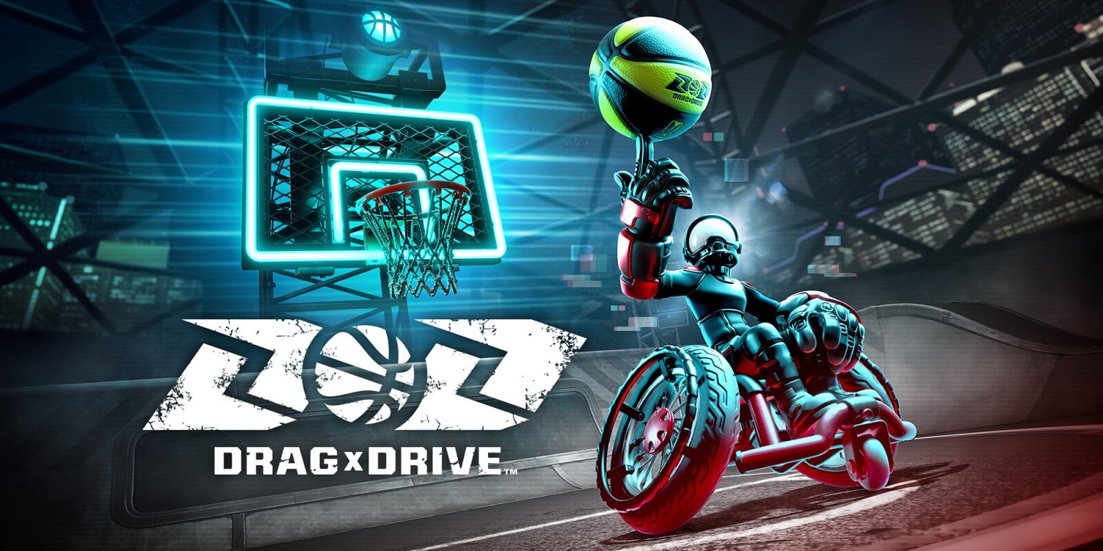 Drag X Drive cover art with someone in a wheelchair spinning a basketball and a hoop behind them