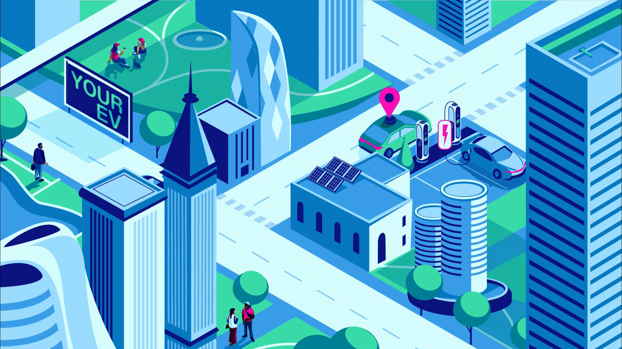 A gif showing cartoon cars driving in the middle of a city.