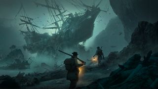 Nightingale art director interview; people walk on a stormy beach, a shipwreck in the distance