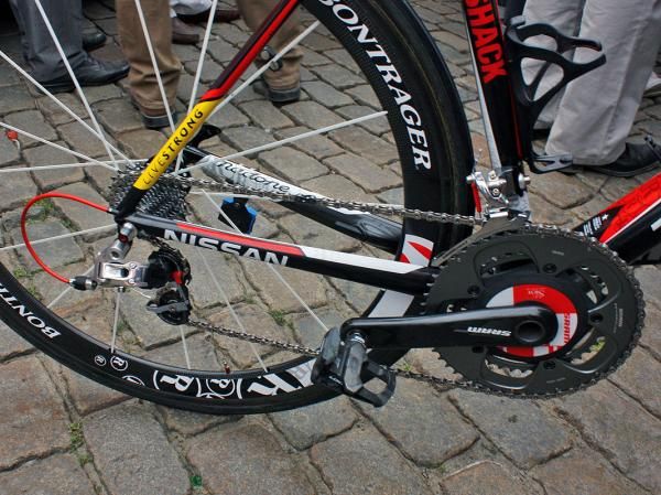 A SRAM/SRM power meter is mounted up with Red chainrings on this Team Radioshack bike.