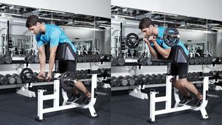 Man demonstrates two positions of the spider curl exercise using an EZ-bar and preacher bench