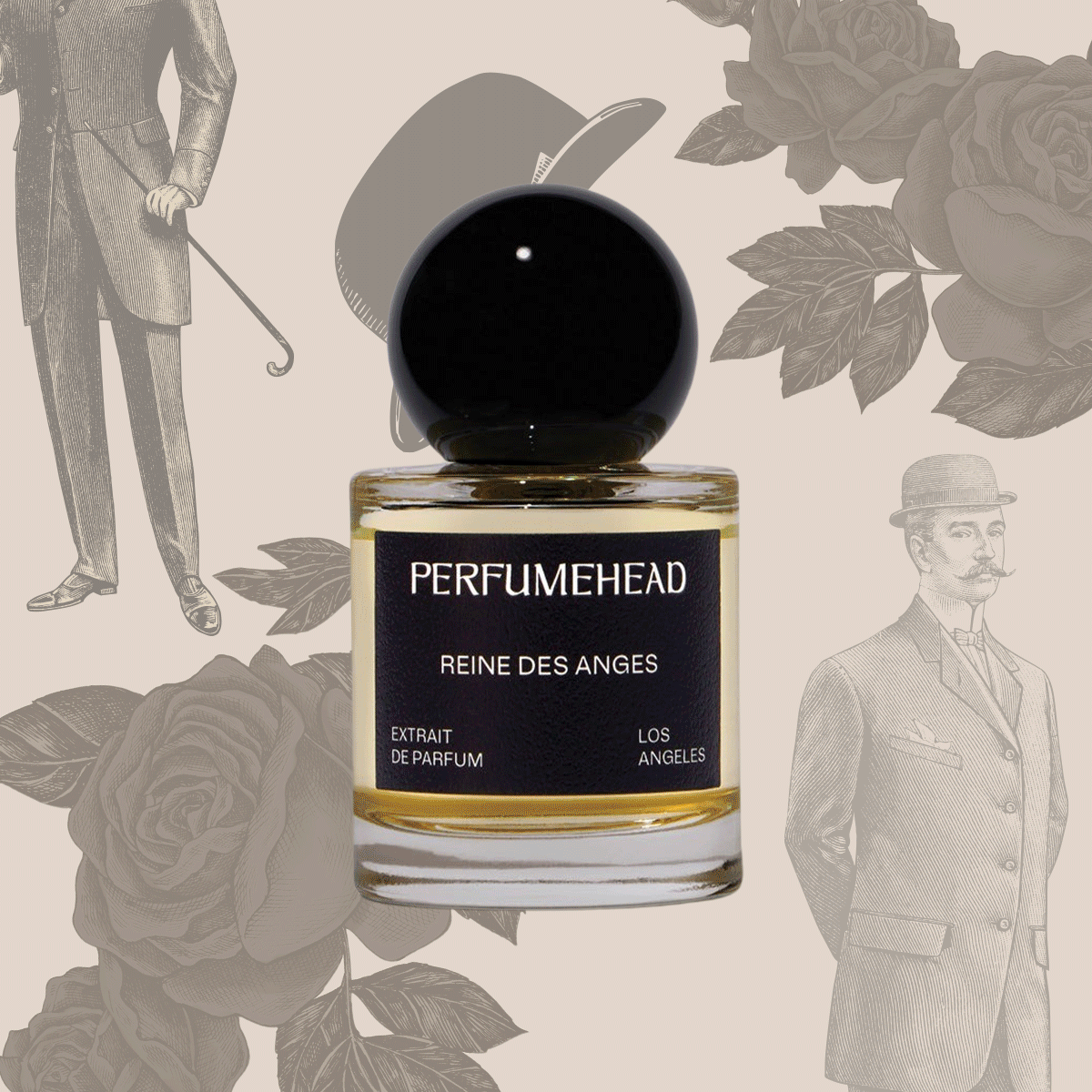 Collage of perfumes on a background of roses and men wearing suits 