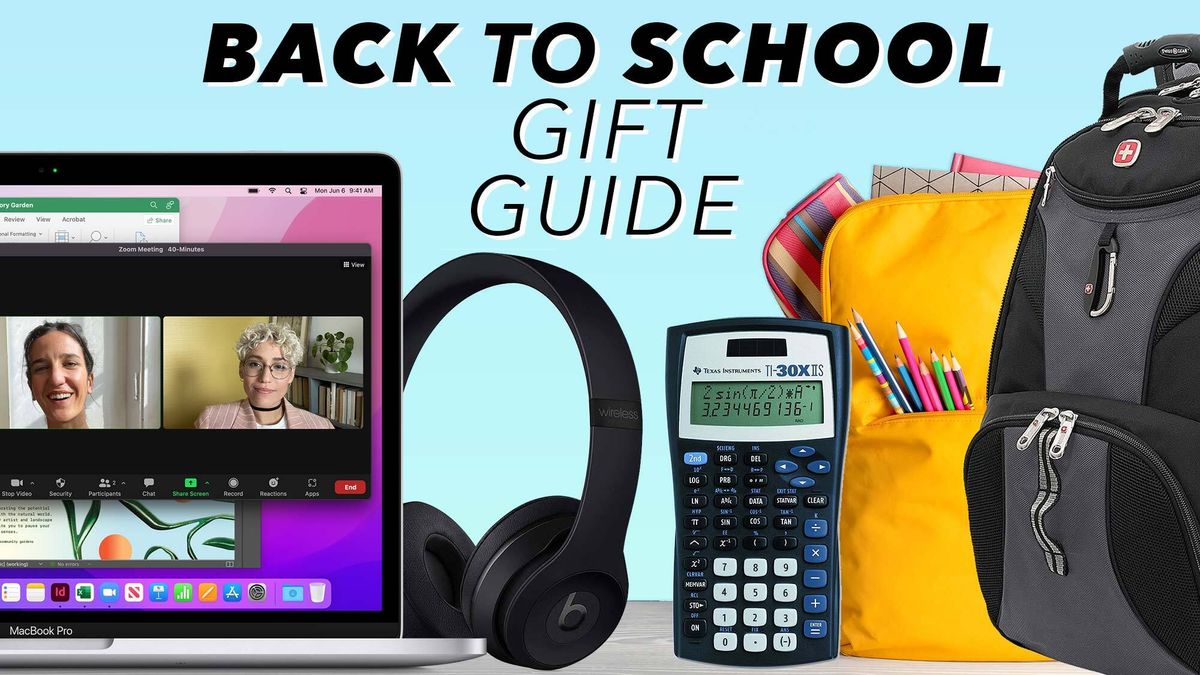 A MacBook Pro, Beats headphones, calculator, and two backpacks