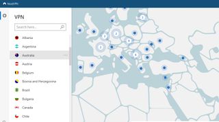 The NordVPN Windows app displaying its Location list and map