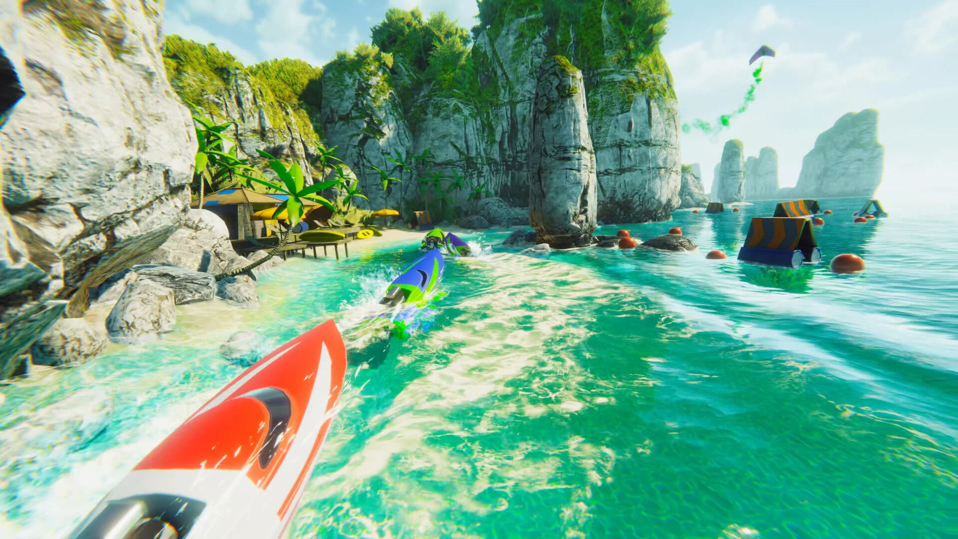 A couple of speedboats speed through a tropical landscape