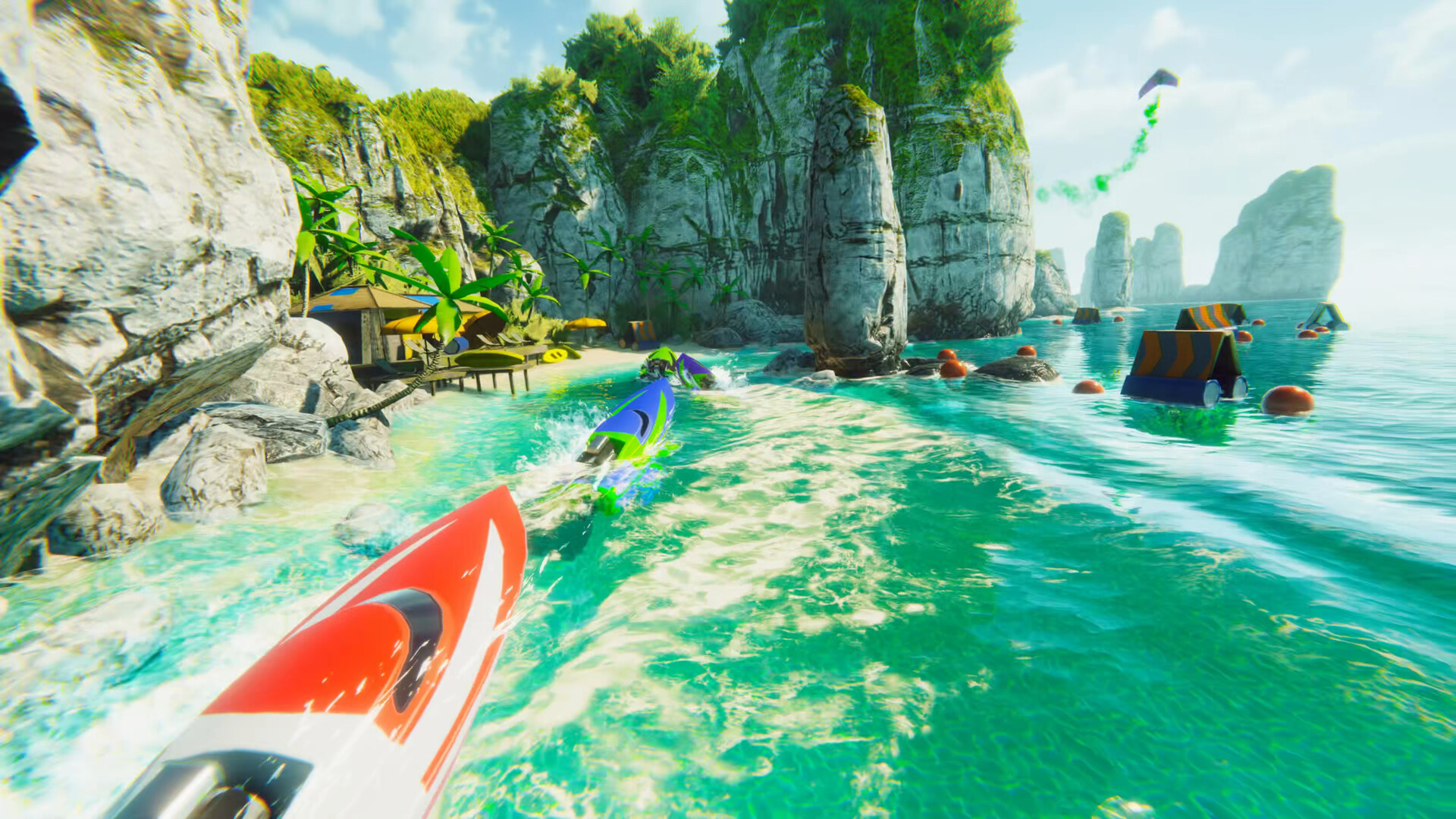 A couple of speedboats speed through a tropical landscape