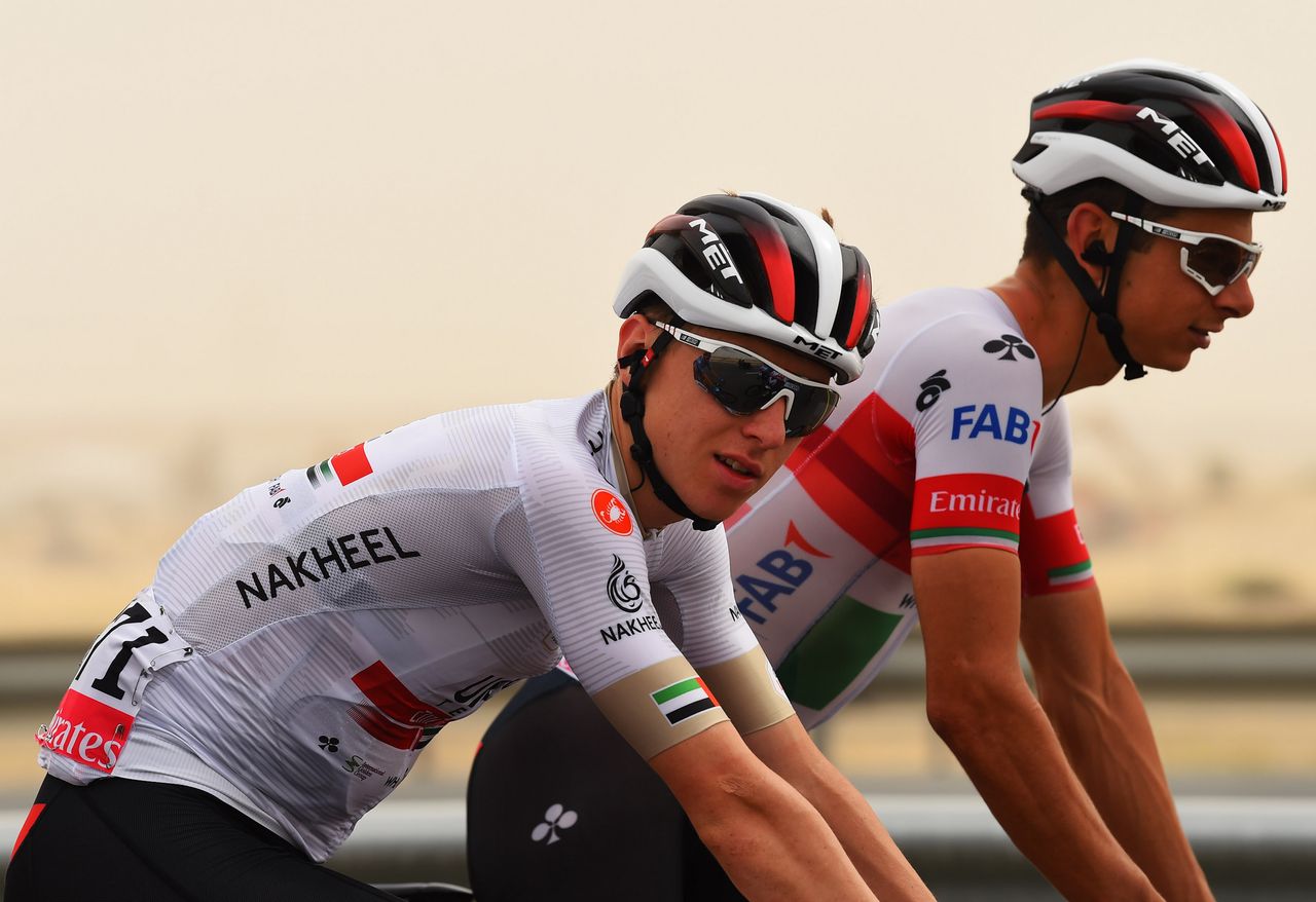 UAE Team Emirates&rsquo; Tadej Pogacar in the white jersey as best young rider at the 2020 UAE Tour