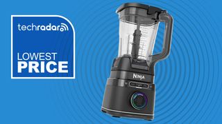 Ninja Detect blender on blue background with text reading "TechRadar lowest price"