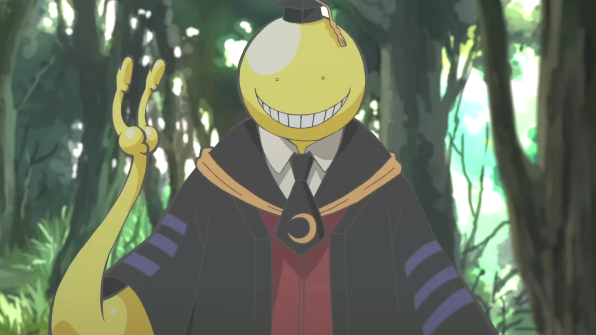 A clip of an alien teacher greeting students in the forest during the action anime Assassination Classroom.