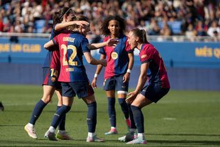 Ewa Pajor celebrates her teammate's goal during the Liga F match between FC Barcelona and Deportivo Abanca at Estadi Johan Cruyff in Barcelona, Spain, on May 4, 2025